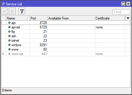 Winbox IP service list